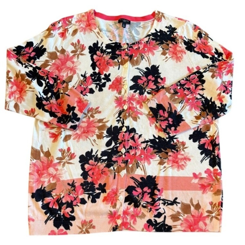 Talbots Cardigan Sweater Womens LP Pink White Floral 3/4 Sleeve Cottage Core